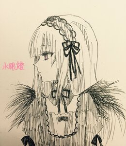 Rating: Safe Score: 0 Tags: 1girl bangs closed_mouth detached_collar dress eyebrows_visible_through_hair hairband image long_hair monochrome ribbon solo suigintou traditional_media upper_body User: admin