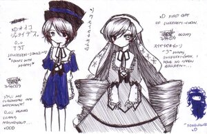 Rating: Safe Score: 0 Tags: 3girls dress english_text hat image lolita_fashion long_hair long_sleeves looking_at_viewer monochrome multiple_girls pair ribbon short_hair souseiseki suiseiseki very_long_hair User: admin