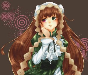 Rating: Safe Score: 0 Tags: 1girl brown_hair dress frills green_dress green_eyes hands_on_own_face head_scarf heterochromia image long_hair long_sleeves looking_at_viewer red_eyes simple_background solo suiseiseki very_long_hair User: admin