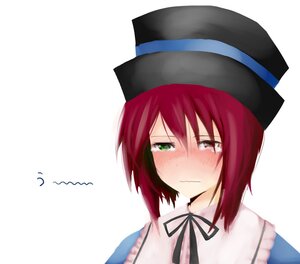 Rating: Safe Score: 0 Tags: auto_tagged blush embarrassed green_eyes hat heterochromia image portrait red_eyes ribbon short_hair simple_background solo souseiseki striped tears vertical_stripes white_background User: admin