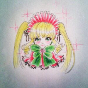 Rating: Safe Score: 0 Tags: 1girl blonde_hair blush bonnet bow bowtie dress drill_hair full_body green_bow image long_hair looking_at_viewer marker_(medium) photo pink_bow shinku simple_background solo traditional_media twin_drills twintails User: admin