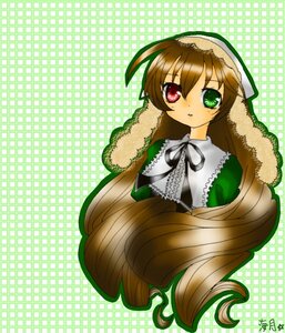 Rating: Safe Score: 0 Tags: 1girl brown_hair dress frills green_background green_dress green_eyes head_scarf heterochromia image long_hair long_sleeves looking_at_viewer plaid_background red_eyes solo suiseiseki very_long_hair User: admin