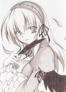 Rating: Safe Score: 0 Tags: 1girl detached_collar dress eyebrows_visible_through_hair feathers flower frills hairband image juliet_sleeves long_hair long_sleeves looking_at_viewer monochrome parted_lips ribbon rose simple_background solo suigintou traditional_media upper_body white_background wings User: admin