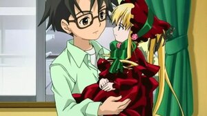 Rating: Safe Score: 0 Tags: 1boy 1girl black_hair blonde_hair blurry bonnet bow bowtie dress glasses green_bow green_dress image indoors long_hair long_sleeves red_dress shinku sidelocks solo User: admin