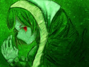 Rating: Safe Score: 0 Tags: 1girl green_background green_theme hood image monochrome profile red_eyes solo suiseiseki tears User: admin