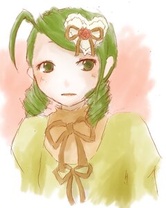 Rating: Safe Score: 0 Tags: 1girl flower green_eyes green_hair hair_ornament image kanaria looking_at_viewer neck_ribbon ribbon rose short_hair simple_background solo upper_body User: admin