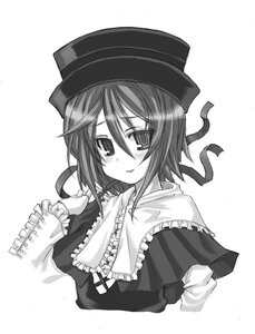 Rating: Safe Score: 0 Tags: 1girl blush eyebrows_visible_through_hair frills greyscale hat image long_sleeves looking_at_viewer monochrome ribbon short_hair simple_background smile solo souseiseki striped striped_background upper_body vertical_stripes white_background User: admin