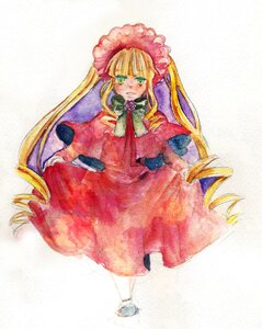 Rating: Safe Score: 0 Tags: 1girl bangs blonde_hair blush bonnet bow bowtie dress flower full_body green_eyes image long_hair long_sleeves looking_at_viewer red_dress rose shinku simple_background solo standing traditional_media twintails very_long_hair white_background User: admin