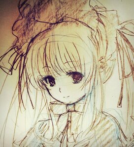 Rating: Safe Score: 0 Tags: 1girl bangs bowtie closed_mouth eyebrows_visible_through_hair hair_ribbon image long_hair looking_at_viewer monochrome ribbon shinku simple_background smile solo traditional_media upper_body User: admin