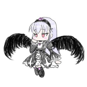 Rating: Safe Score: 0 Tags: 1girl black_wings chibi dress feathered_wings feathers flower frills full_body hairband image long_hair long_sleeves simple_background solo suigintou white_background wings User: admin