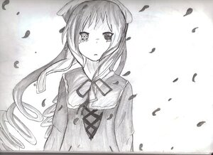 Rating: Safe Score: 0 Tags: 1girl blush dress falling_leaves feathers greyscale image leaf long_hair long_sleeves looking_at_viewer monochrome neck_ribbon parted_lips petals ribbon solo suiseiseki tears traditional_media upper_body User: admin