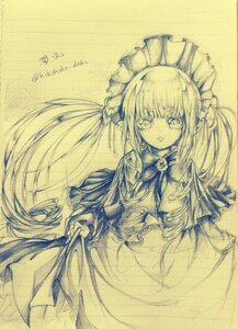 Rating: Safe Score: 0 Tags: 1girl bangs dress eyebrows_visible_through_hair frills image long_hair long_sleeves looking_at_viewer maid_headdress monochrome shinku solo traditional_media twintails twitter_username very_long_hair User: admin