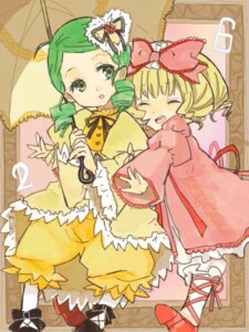 Rating: Safe Score: 0 Tags: 2girls blonde_hair bloomers bow closed_eyes dress drill_hair green_eyes green_hair hair_ornament hat hina_ichigo hinaichigo holding_umbrella image kanaria long_sleeves multiple_girls pair parasol pink_bow shared_umbrella short_hair twin_drills twintails umbrella underwear User: admin