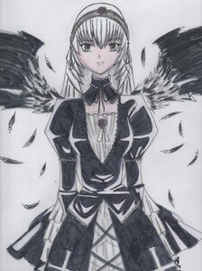 Rating: Safe Score: 0 Tags: 1girl bangs black_wings closed_mouth dress feathered_wings feathers flower frills greyscale hairband image long_sleeves looking_at_viewer monochrome ribbon rose solo standing suigintou traditional_media wings User: admin