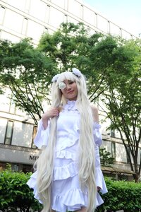 Rating: Safe Score: 0 Tags: 1girl blue_eyes dress flower frills hair_flower hair_ornament kirakishou lips long_hair outdoors solo standing tree white_dress white_hair User: admin