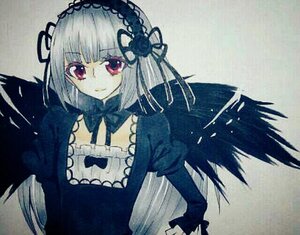 Rating: Safe Score: 0 Tags: 1girl bangs black_dress black_wings closed_mouth detached_collar dress feathered_wings flower frills hairband image juliet_sleeves long_hair long_sleeves looking_at_viewer pink_eyes puffy_sleeves red_eyes ribbon rose silver_hair simple_background smile solo suigintou upper_body wings User: admin