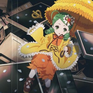 Rating: Safe Score: 0 Tags: 1girl :o dress drill_hair flower frilled_sleeves frills green_eyes green_hair hat image kanaria musical_note open_mouth petals ribbon sheet_music solo twin_drills User: admin