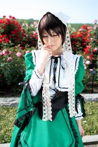 Rating: Safe Score: 0 Tags: 1girl blurry brown_hair closed_eyes depth_of_field dress flower green_dress lace lips lolita_fashion long_sleeves outdoors ribbon solo suiseiseki User: admin