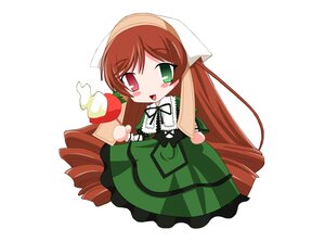 Rating: Safe Score: 0 Tags: 1girl brown_hair chibi dress drill_hair food green_dress green_eyes head_scarf heterochromia image long_hair long_sleeves open_mouth red_eyes simple_background solo striped suiseiseki vertical_stripes very_long_hair white_background User: admin