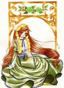 Rating: Safe Score: 0 Tags: 1girl brown_hair dress flower frills green_eyes heterochromia image long_hair long_sleeves rose solo suiseiseki very_long_hair User: admin