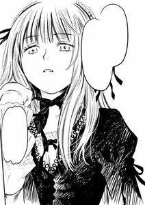 Rating: Safe Score: 0 Tags: 1girl bangs choker dress flower gothic_lolita greyscale hairband image lolita_fashion long_hair long_sleeves looking_at_viewer monochrome ribbon simple_background solo suigintou upper_body User: admin