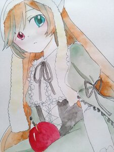 Rating: Safe Score: 0 Tags: 1girl apple black_ribbon closed_mouth dress food frills fruit green_eyes heterochromia image long_hair long_sleeves looking_at_viewer red_eyes solo suiseiseki traditional_media User: admin