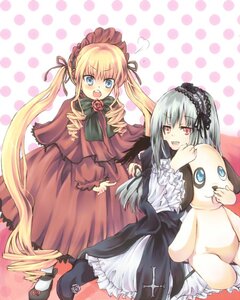 Rating: Safe Score: 0 Tags: 2girls blonde_hair blue_eyes bonnet bow dress drill_hair frills hairband image long_hair long_sleeves multiple_girls open_mouth pair polka_dot polka_dot_background rose shinku silver_hair suigintou twintails User: admin