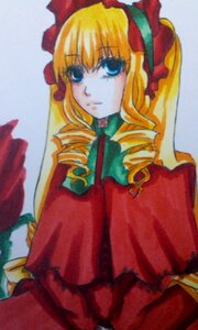 Rating: Safe Score: 0 Tags: 1girl blonde_hair blue_eyes blurry bow dress drill_hair expressionless image long_hair long_sleeves looking_at_viewer photo red_dress ringlets shinku solo upper_body User: admin