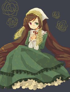 Rating: Safe Score: 0 Tags: 1girl brown_hair dress flower frills green_dress green_eyes head_scarf heterochromia image long_hair long_sleeves looking_at_viewer red_eyes rose simple_background sitting solo suiseiseki very_long_hair User: admin