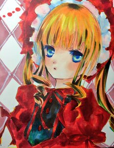 Rating: Safe Score: 0 Tags: 1girl :o bangs blonde_hair blue_eyes bow bowtie dress drill_hair eyebrows_visible_through_hair flower image long_hair long_sleeves looking_at_viewer marker_(medium) red_dress shinku sidelocks solo traditional_media twin_drills twintails upper_body watercolor_(medium) User: admin
