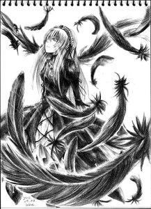 Rating: Safe Score: 0 Tags: 1girl dress feathers greyscale image long_hair long_sleeves looking_at_viewer monochrome simple_background solo suigintou traditional_media white_background wings User: admin