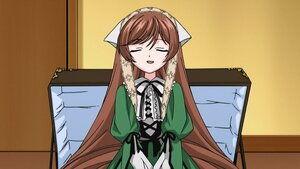 Rating: Safe Score: 0 Tags: 1girl brown_hair closed_eyes dress facing_viewer green_dress image juliet_sleeves long_hair long_sleeves open_mouth ribbon solo suiseiseki very_long_hair User: admin