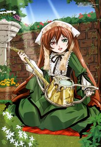 Rating: Safe Score: 0 Tags: 1girl :d brown_hair corset dress flower garden green_dress green_eyes head_scarf heterochromia image long_hair open_mouth outdoors red_eyes sitting smile solo suiseiseki twintails very_long_hair watering_can User: admin