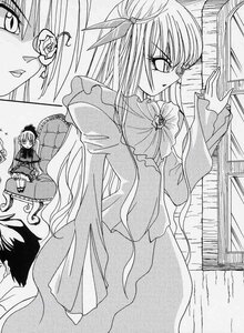 Rating: Safe Score: 0 Tags: barasuishou bonnet comic dress glasses greyscale image long_hair long_sleeves monochrome multiple_girls shinku sitting solo suigintou User: admin