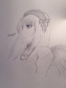 Rating: Safe Score: 0 Tags: 1girl bangs closed_mouth eyebrows_visible_through_hair hairband image long_hair monochrome ribbon simple_background sketch solo suigintou traditional_media upper_body User: admin