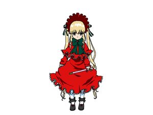 Rating: Safe Score: 0 Tags: 1girl blonde_hair blue_eyes bonnet bow bowtie capelet dress full_body green_bow image long_hair long_sleeves looking_at_viewer red_dress shinku shoes simple_background solo twintails User: admin