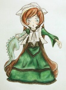 Rating: Safe Score: 0 Tags: 1girl brown_hair dress frills green_dress green_eyes heterochromia image long_sleeves open_mouth red_eyes solo suiseiseki traditional_media User: admin