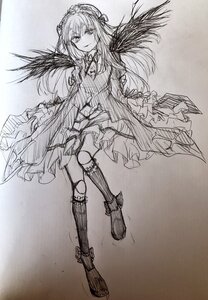 Rating: Safe Score: 0 Tags: 1girl boots doll_joints dress full_body greyscale image joints knee_boots kneehighs long_hair long_sleeves looking_at_viewer monochrome sketch smile solo suigintou traditional_media wings User: admin