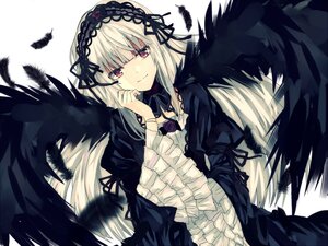 Rating: Safe Score: 0 Tags: 1girl bangs black_dress black_feathers black_ribbon black_wings closed_mouth commentary_request dress eyebrows_visible_through_hair feathered_wings feathers flower frills gothic_lolita hairband image lolita_fashion lolita_hairband long_hair long_sleeves looking_at_viewer minazuki_(0038) purple_eyes red_eyes ribbon rose rozen_maiden silver_hair smile solo suigintou very_long_hair white_background wings User: admin