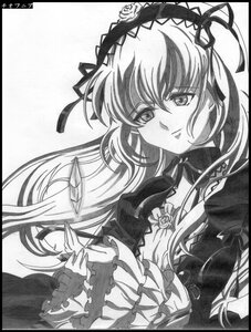 Rating: Safe Score: 0 Tags: 1girl auto_tagged black_border circle_cut dress flower frills greyscale hairband image letterboxed long_hair long_sleeves looking_at_viewer monochrome ribbon rose shikishi solo suigintou traditional_media User: admin