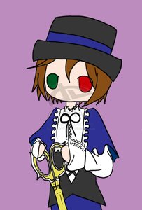 Rating: Safe Score: 0 Tags: 1girl brown_hair capelet center_frills frills green_eyes hat heterochromia holding image long_sleeves purple_background red_eyes short_hair simple_background solo souseiseki standing top_hat weapon User: admin