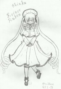 Rating: Safe Score: 0 Tags: 1girl dated dress full_body image long_hair long_sleeves looking_at_viewer monochrome shinku solo standing twintails very_long_hair User: admin