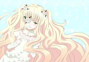 Rating: Safe Score: 0 Tags: 1girl blonde_hair dress eyepatch flower frills green_eyes hair_flower hair_ornament hands_on_own_chest image kirakishou long_hair long_sleeves looking_at_viewer rose smile solo two_side_up very_long_hair white_rose User: admin