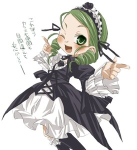 Rating: Safe Score: 0 Tags: 1girl ;d artist_request black_legwear blush costume_switch dress drill_hair frills green_eyes green_hair hairband image index_finger_raised kanaria long_sleeves one_eye_closed open_mouth pantyhose pointing ribbon rozen_maiden simple_background smile solo suigintou translation_request twin_drills white_background User: admin