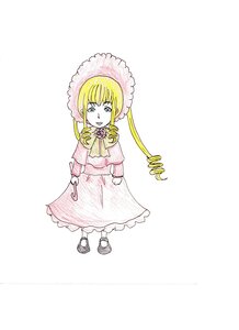 Rating: Safe Score: 0 Tags: 1girl blonde_hair blue_eyes bonnet dress flower full_body image long_sleeves pink_dress rose shinku shoes simple_background solo standing white_background User: admin