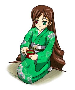Rating: Safe Score: 0 Tags: 1girl brown_hair cup full_body green_eyes heterochromia holding image japanese_clothes kimono long_hair long_sleeves looking_at_viewer red_eyes sake sash seiza simple_background sitting solo suiseiseki tea white_background yunomi User: admin