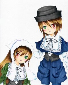 Rating: Safe Score: 0 Tags: 2girls black_ribbon blue_dress blush brown_hair dress frills green_dress green_eyes hat head_scarf heterochromia image long_hair long_sleeves looking_at_viewer multiple_girls open_mouth pair red_eyes short_hair siblings sisters souseiseki suiseiseki top_hat traditional_media twins white_background User: admin