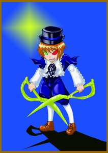 Rating: Safe Score: 0 Tags: 1girl blonde_hair blue_background cane frills full_body green_eyes grin hat heterochromia image long_sleeves looking_at_viewer red_eyes shoes short_hair smile solo souseiseki standing teeth top_hat User: admin