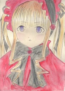 Rating: Safe Score: 0 Tags: 1girl blonde_hair blush bonnet bow capelet flower image long_hair looking_at_viewer marker_(medium) parted_lips photo rose shinku simple_background solo traditional_media User: admin