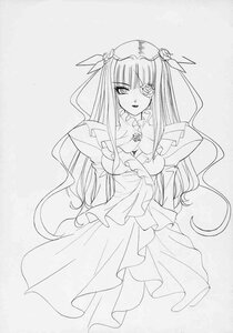 Rating: Safe Score: 0 Tags: 1girl barasuishou breasts dress eyepatch flower frills greyscale image long_hair long_sleeves looking_at_viewer monochrome solo striped very_long_hair User: admin